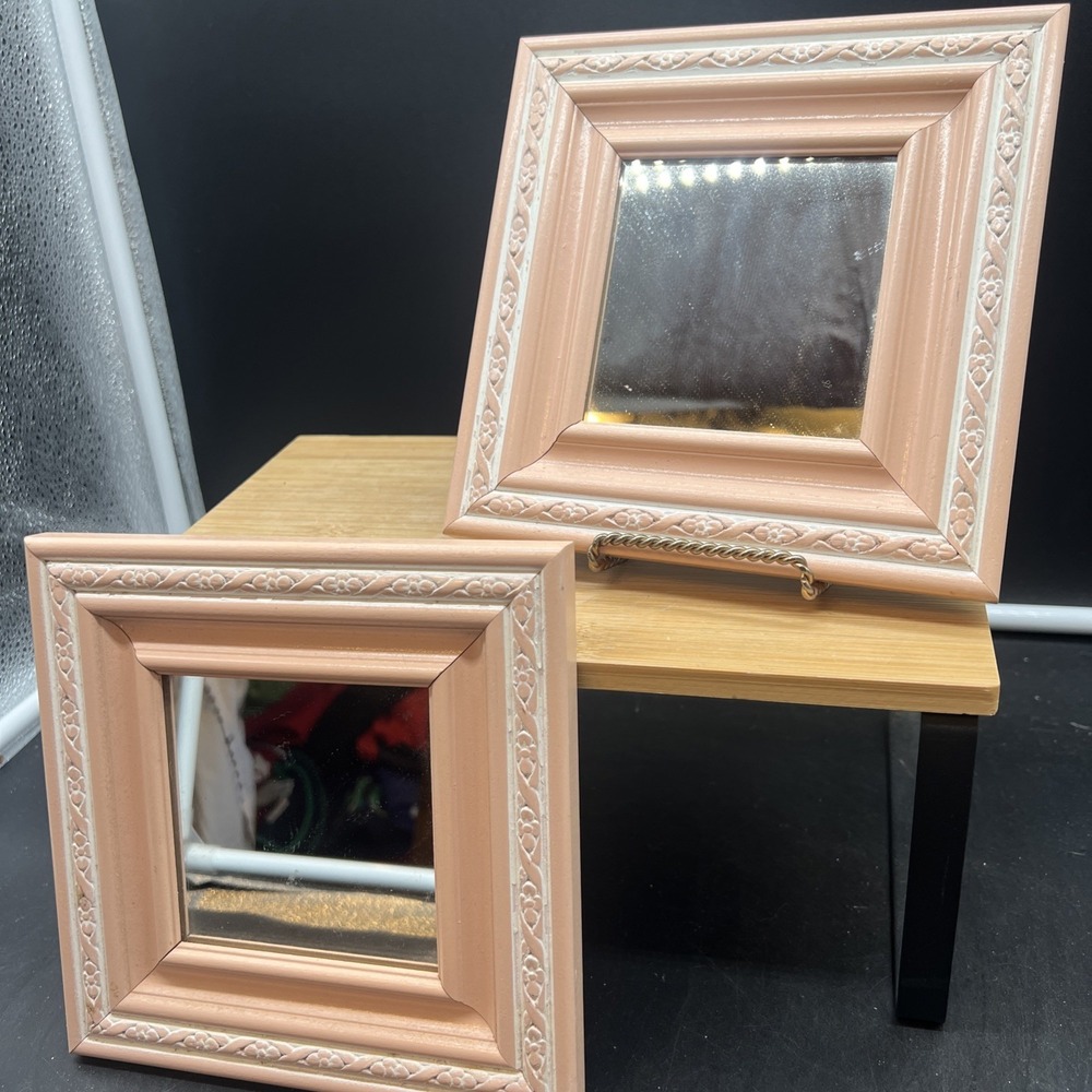 Vintage Wall Hanging Mirrors Pink & White 7" Square Wood Framed Set 2